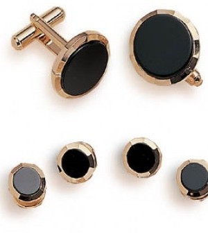 Gold and Onyx Cufflink and Studs with Bevel Front