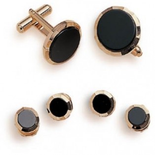 Gold and Onyx Cufflink and Studs with Bevel Front