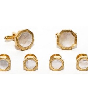 Gold and Pearl Cufflink and Stud Set with Bevel Design
