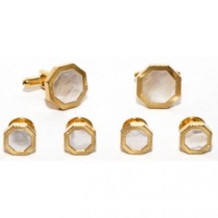 Gold and Pearl Cufflink and Stud Set with Bevel Design