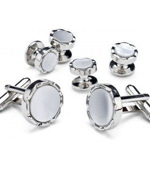 Silver and Pearl Cufflink and Stud Set with Bevel Design