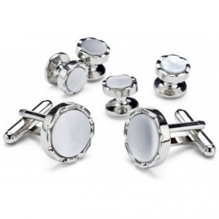 Silver and Pearl Cufflink and Stud Set with Bevel Design