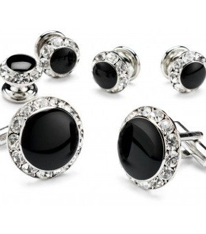 Silver and Black Cufflink and Stud Set with CZ Diamond Edge