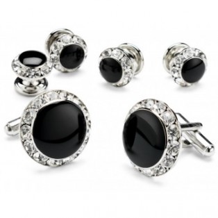 Silver and Black Cufflink and Stud Set with CZ Diamond Edge