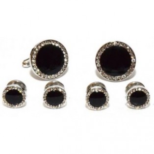 Silver and Onyx CZ Jewel Edge Cufflink and Stud Set