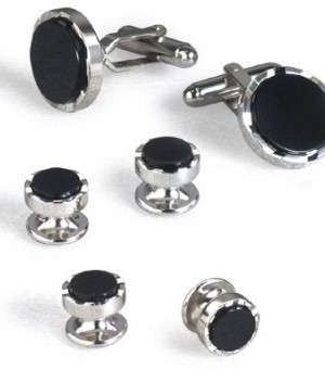 Silver and Onyx Cufflink and Stud Set with Bevel Design