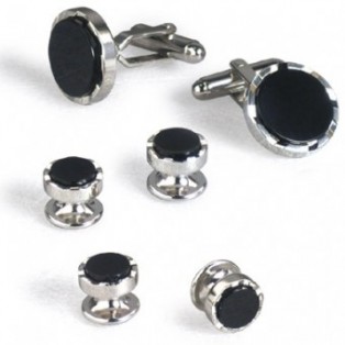 Silver and Onyx Cufflink and Stud Set with Bevel Design