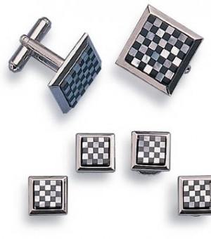 Silver and Onyx Checkerboard Cufflink and Stud Set