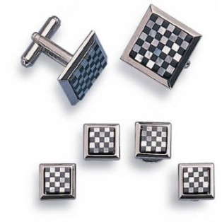 Silver and Onyx Checkerboard Cufflink and Stud Set