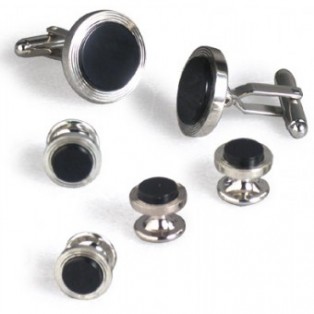 Silver and Onyx Multi-Ring Edge Cufflink and Stud Set