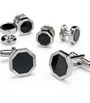 Silver and Onyx Octagon Bevel Cufflinks and Studs