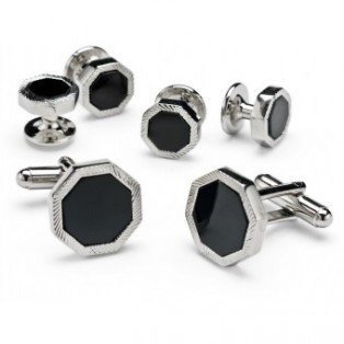 Silver and Onyx Octagon Bevel Cufflinks and Studs