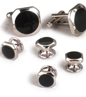 Silver and Onyx Rounded Octagon Cufflink and Stud Set