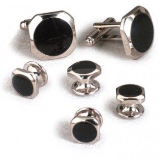 Silver and Onyx Rounded Octagon Cufflink and Stud Set