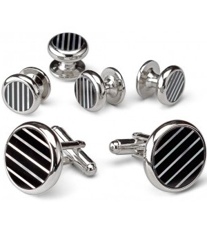 Silver and Onyx Pinstripe Cufflink and Stud Set