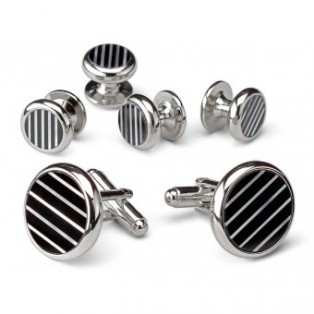 Silver and Onyx Pinstripe Cufflink and Stud Set