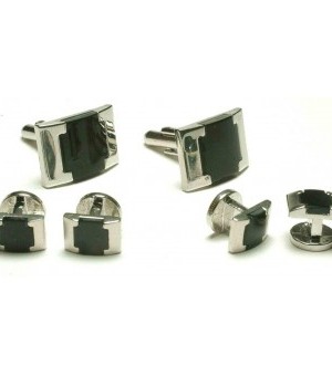 Silver and Onyx Rectangle Design Cufflinks and Studs