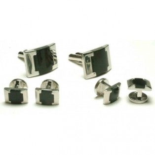 Silver and Onyx Rectangle Design Cufflinks and Studs