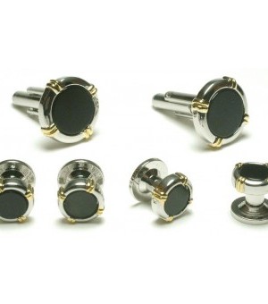Silver and Onyx Cufflinks and Studs with Gold Accents