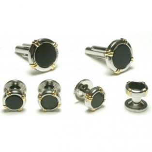 Silver and Onyx Cufflinks and Studs with Gold Accents