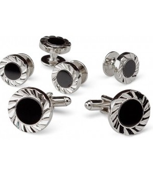 Silver and Onyx Ocular Spiral Cufflink and Stud Set