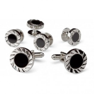 Silver and Onyx Ocular Spiral Cufflink and Stud Set