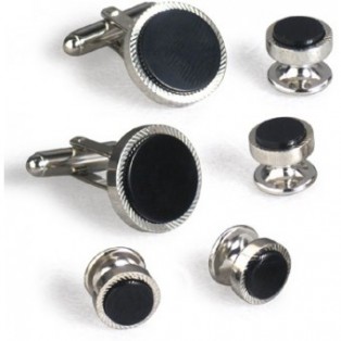 Silver and Onyx Spiral Cufflink and Stud Set