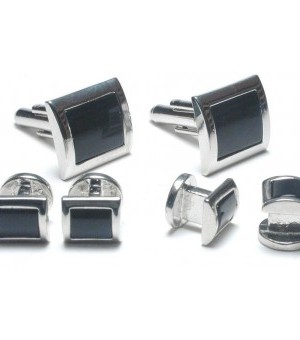 Silver and Onyx Square Cufflink and Stud Set