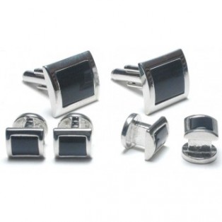 Silver and Onyx Square Cufflink and Stud Set
