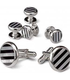 Silver and Onyx Striped Cufflink and Stud Set