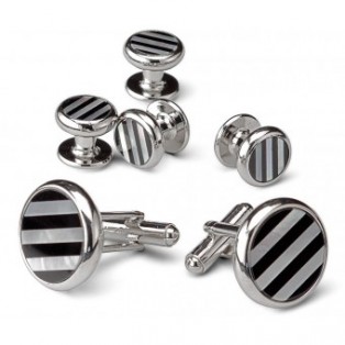 Silver and Onyx Striped Cufflink and Stud Set